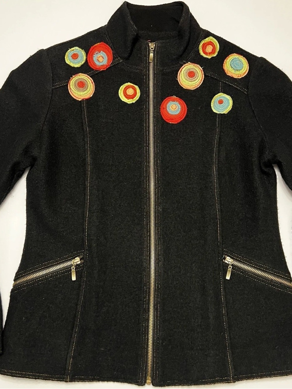 Icelandic Design Wool Black Women's Zip-Front Jacket with Multicolor Appliqué